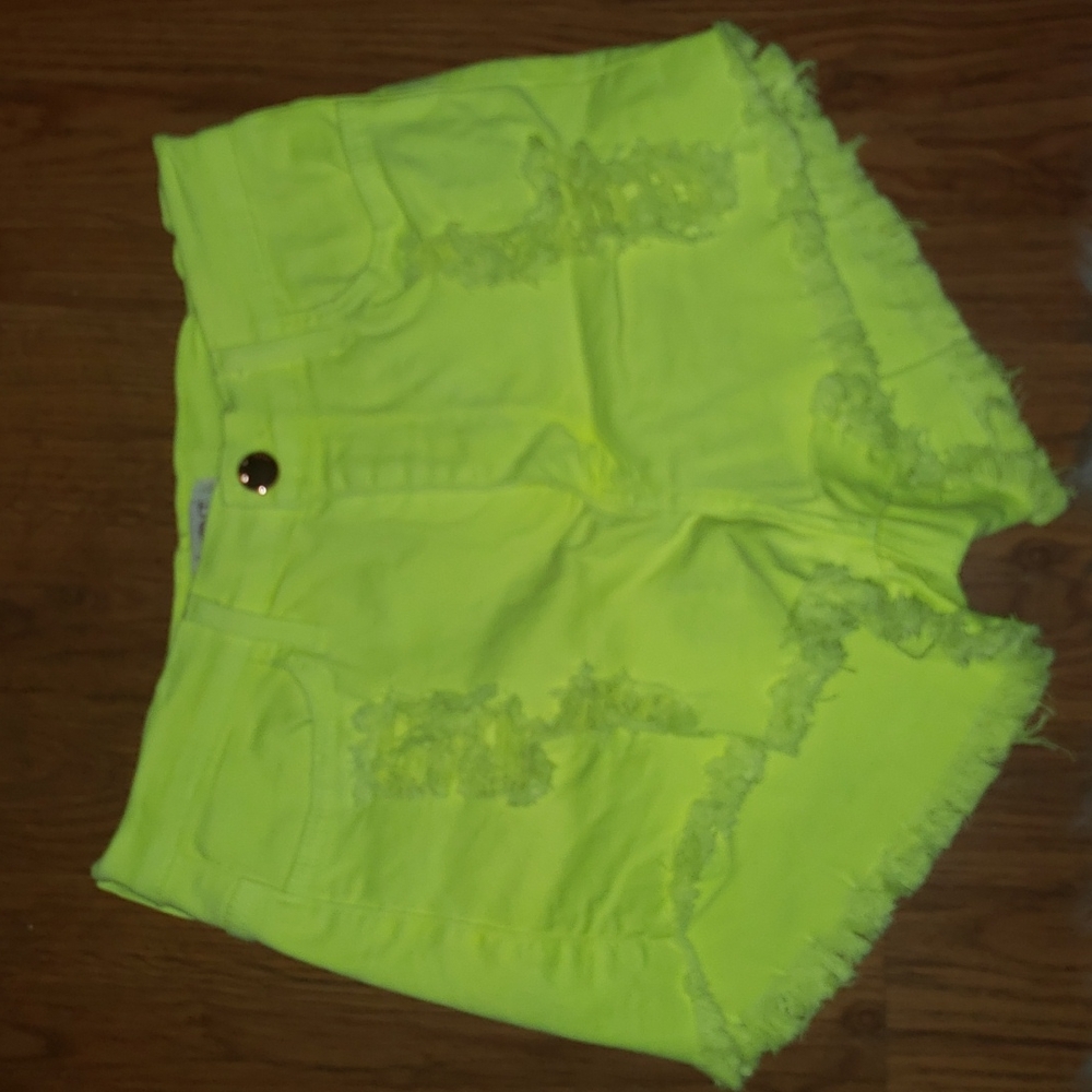 Neon Yellow High Waist Distressed Shorts - Large